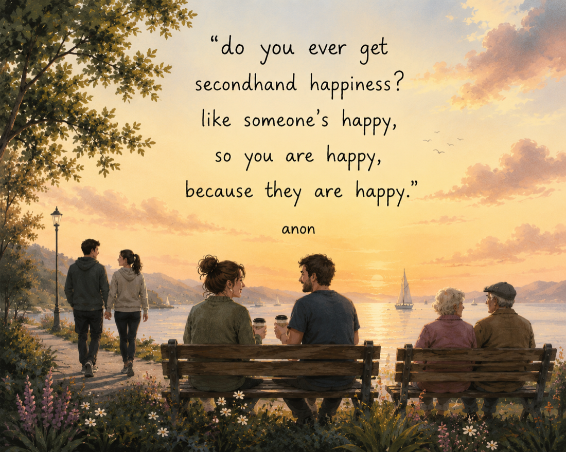 Illustration of people by the sea at sunset with the quote: do you ever get secondhand happiness? like someone is happy, so you are happy, because they are happy.