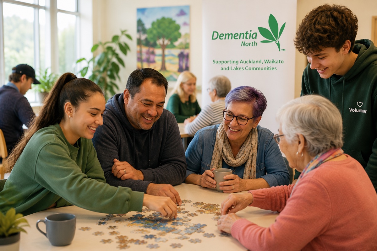 AI generated image of people doing a jigsaw puzzle together at a Dementia North community table