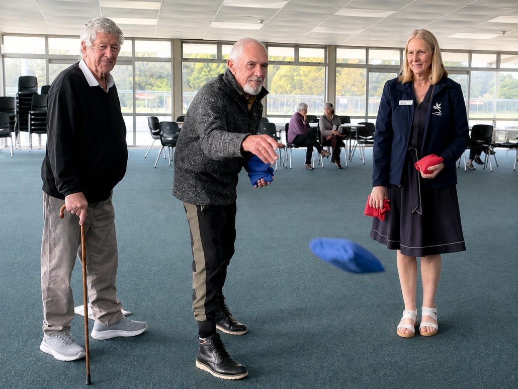 Sporting Memories Kerikeri – beanbag toss Sporting Memories Kerikeri members taking part in a beanbag toss indoors