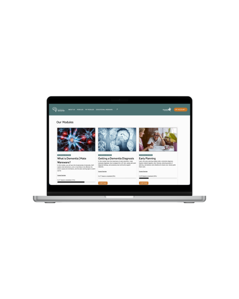 Dementia Navigator learning modules shown on a laptop
